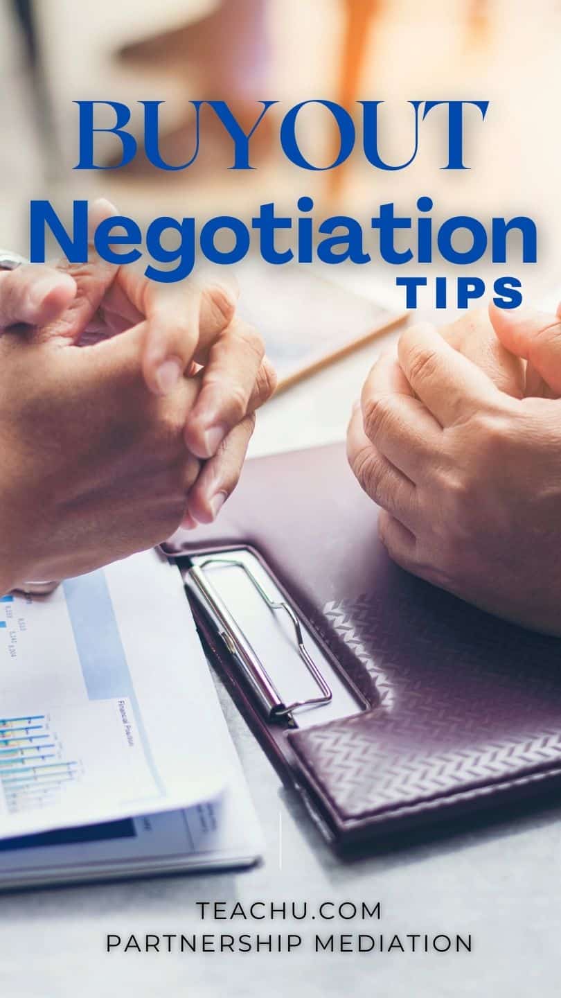 Image of two people negotiating a partnership buyout with the text "Buyout Negotiation Tips"
